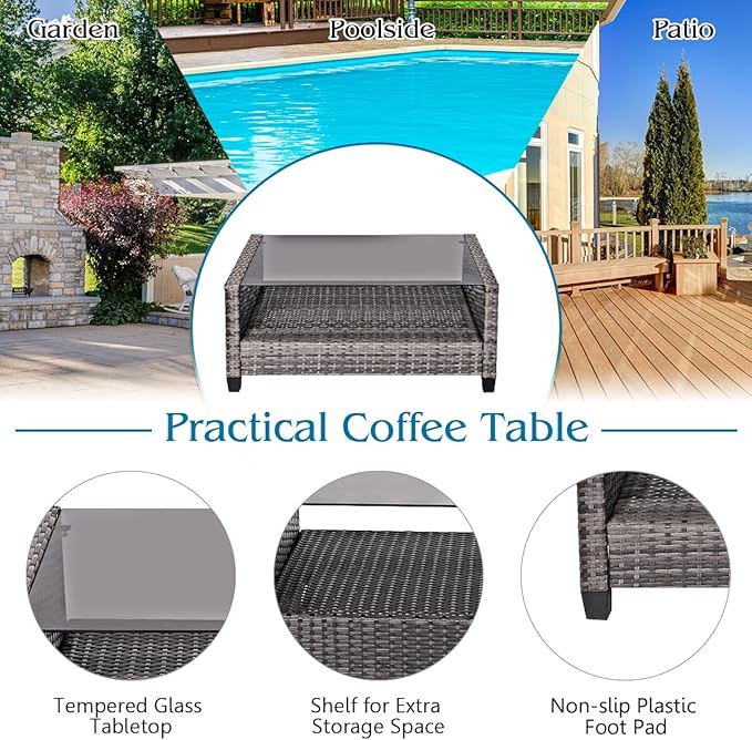 Tangkula 4 PCS Patio Wicker Conversation Furniture Set, Outdoor Rattan Sofa Set with Padded Cushion & Tempered Glass Coffee Table, Wicker Sectional Sofas & Table for Courtyard Balcony Garden (1, Navy)