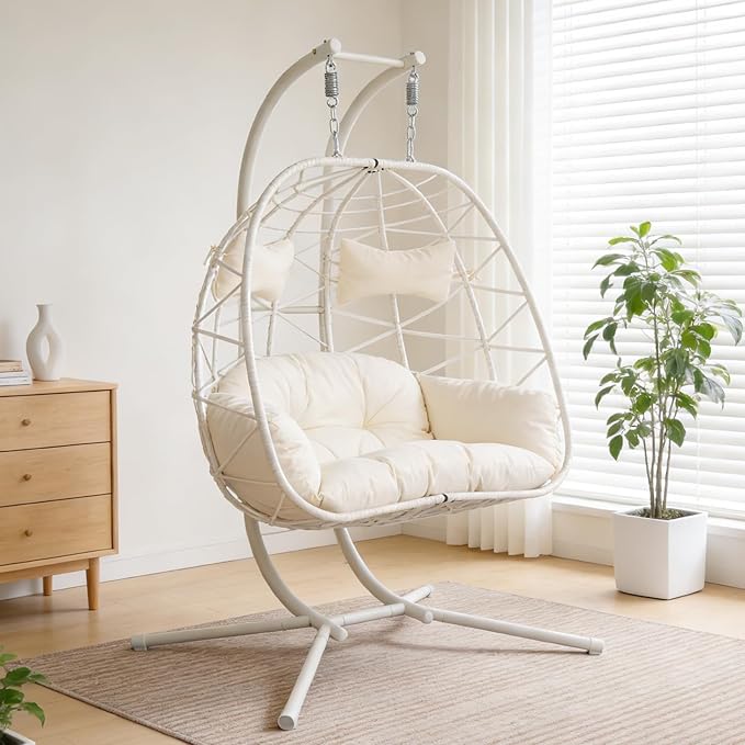 Double Egg-Shaped Hammock Chair with Stand Swing Egg Chair, Wicker Hanging Chair with Washable Cushion Sturdy Metal Stand, 600lbs Capacity for Indoor Outdoor Patio Living Room Etc(White+White)