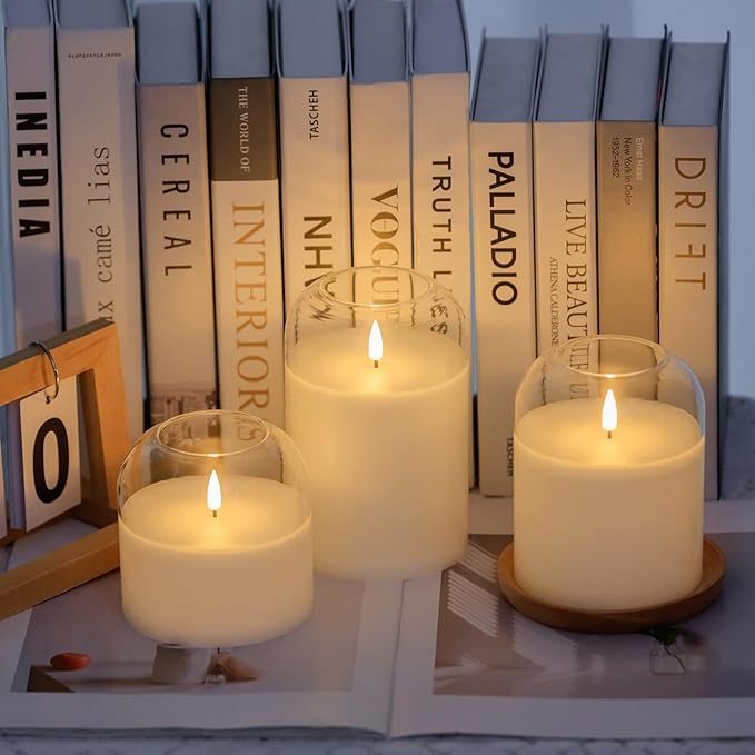 volnyus Clear Glass Flameless Candles with Remote Battery Operated Flickering LED Pillar Candles Real Wax Wick Φ 3"" H 4"" 5"" 6"", Gold