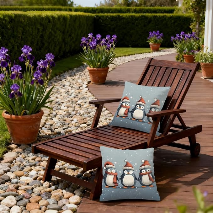 16x16 Inch Outdoor Pillow Covers Set of 2 Waterproof Throw Pillow Covers Decorative Couch Cushion Covers Christmas Penguin Square Pillowcases Protectors for Patio Garden Sofa