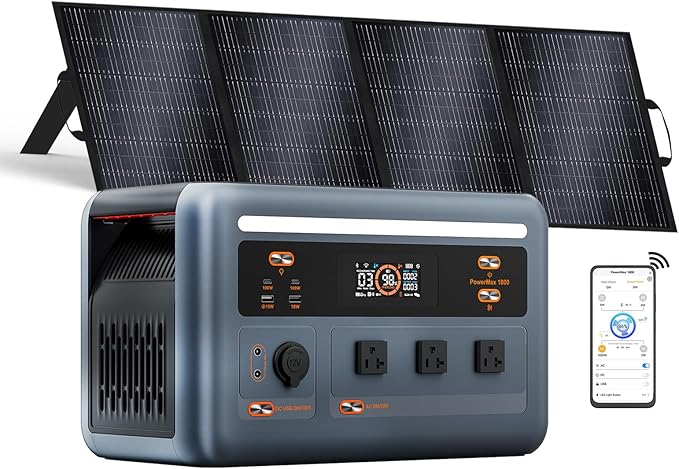 OSCAL 1800W Solar Generator with 200W Solar Panel PowerMax 1800SE, 1024Wh LiFePO4 Battery Generator with 3 AC Outlets (3600W Surge), 800W AC Charging, WI-FI/Bluetooth APP Control (PM1800SE+200W)