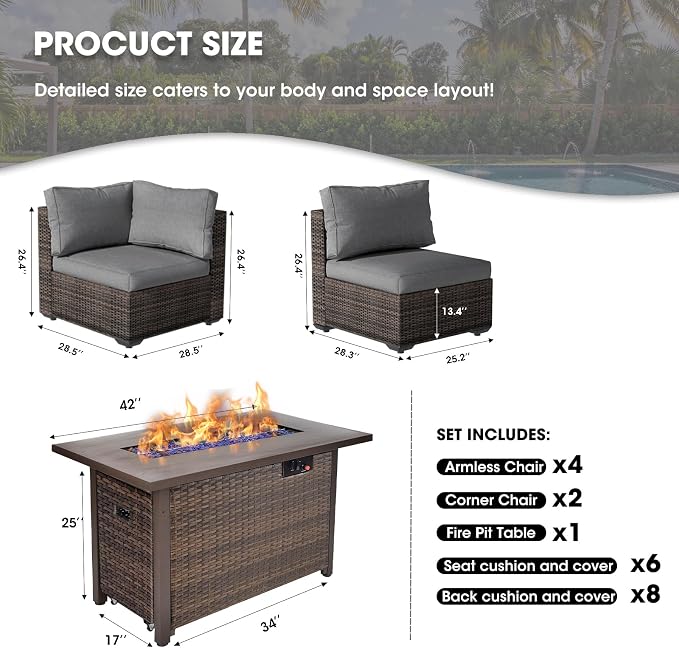 7 Piece Patio Furniture Set with 44" Fire Pit Table, Outdoor Sectional Couch, PE Rattan Patio Conversation Sets with 4inch Cushions for Backyard Grey (GY)