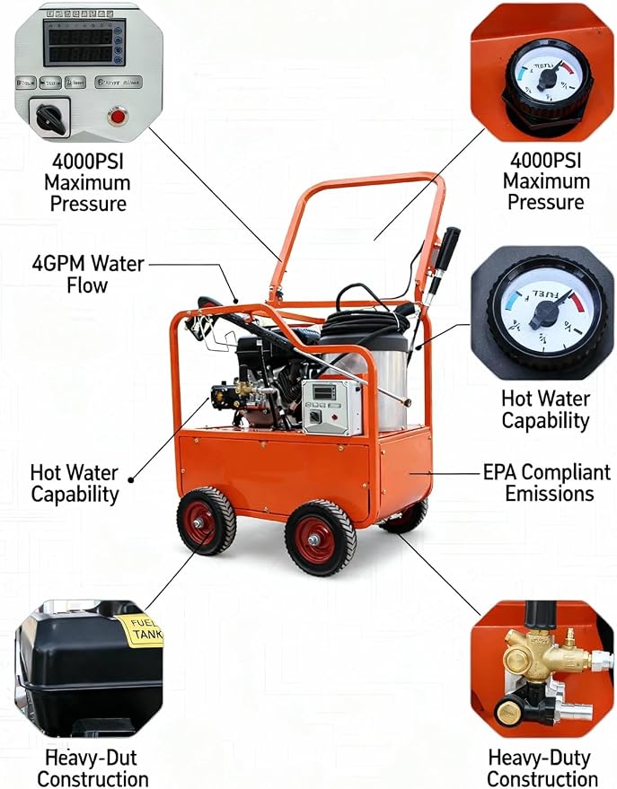Hot Water Pressure Washer 4000PSI 4GPM,420cc 13.5HP Gas Engine with AR Pump, Commercial Heavy-Duty Power Washer for Trucks, Machinery, Concrete, Industrial Grease (Orange)
