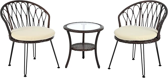 Montary 3 - Piece Outdoor Leisure Set,2 Stylish Hand - Woven Rattan Single Chairs & a Sturdy Tempered Glass Round Table - Ideal for Relaxing on Balconies and Courtyards,Brown & Beige