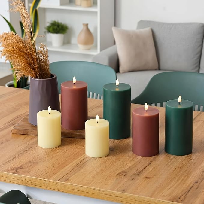 6 Pcs Flameless Candles Battery Operated LED Flickering Flameless Pillar Candles with Remote Real Wax Khaki Brown Green Table Decorations for Spring Wedding Home Decor