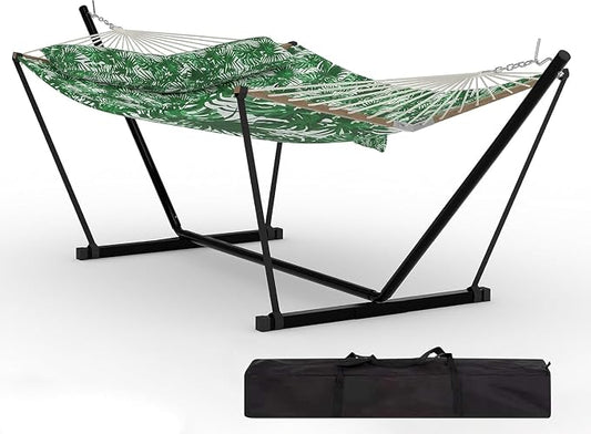 Heavy Duty Double Hammock with Adjustable Steel Stand – Quilted 2 Person Outdoor Bed with Soft Pillow – Portable for Patio, Garden, Backyard, Beach – 450 lbs Capacity – Green Banana Leaf