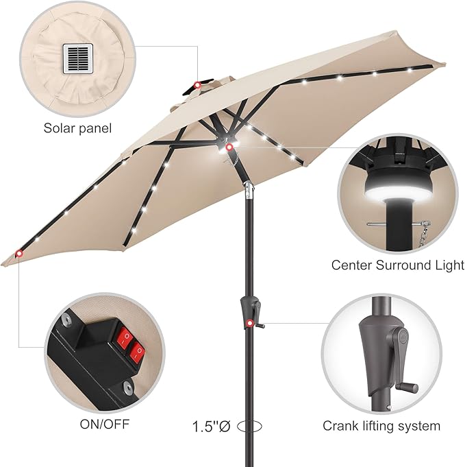 10FT Solar Patio Umbrella - Outdoor Umbrella with Centre Surround Light 24 LED Lights, Market Table Umbrella with Tilt for Pool, Porch, Garden, Deck, Backyard UV Protection (Beige)