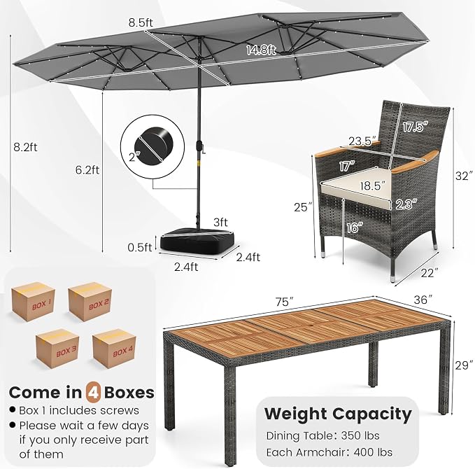 Tangkula 11 Pieces Patio Dining Set with 15 ft Double-Sided Patio LED Umbrella (Base Included), Outdoor Rattan Furniture Set with 8 Armchairs, 1 Rectangular Acacia Wood Dining Table