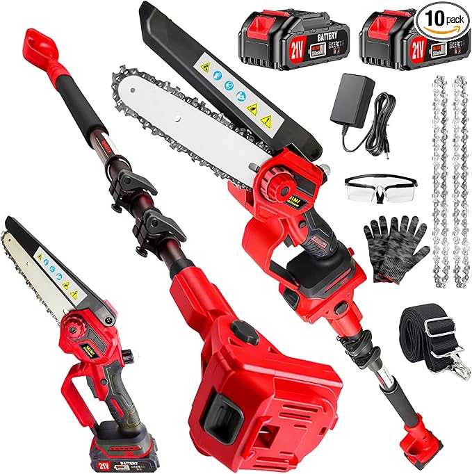 2-in-1 Electric Pole Saws & 6 Inch Cordless Mini Chainsaw for Tree Trimming with Extension Pole & 2Pcs Battery Powered, 16 Feet Electric Pole Chainsaw, Tree Trimmer Limb Branch Cutter Pruner-Red