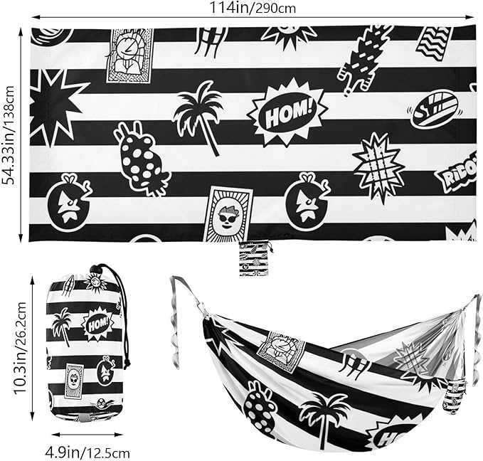 Black White Striped Retro Summer Cool 330lb Capacity Hammocks for Camping with Portabl Carry Bag Rope Hammock for Outside Patio Garden accesorios para campamento