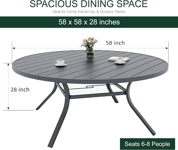Anmutig 58" Outdoor Patio Round Dining Table, Large Metal Slatted Round Tabletop with Adjustable Umbrella Hole for Deck Lawn Garden Backyard Balcony Deck, Black
