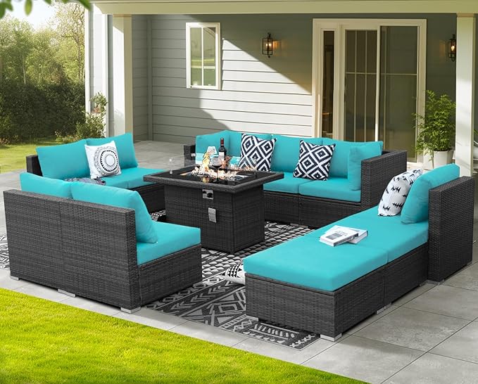 NICESOUL 11 Piece Outdoor Furniture Sets with Natural Gas/Propane Firepit, XXL 10-Seats Patio Sectional, 29.3'' High-Back Backyard Seating, All-Weather Wicker Couch Set for Outside, Deck, Grey & Teal
