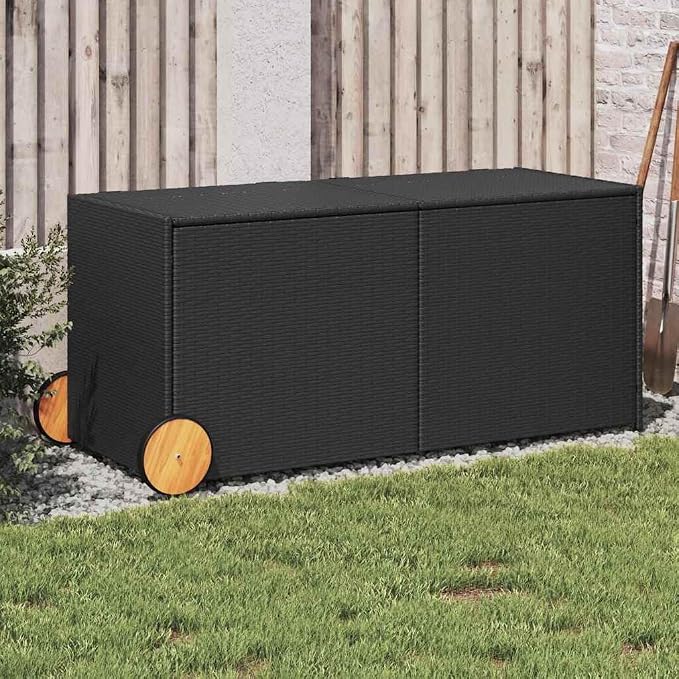 74.8 Gallon PE Rattan Garden Storage Box with Wheels, Black Outdoor Storage Box for Cushions and Tools, Durable Powder-Coated Steel Frame with Hook-and-Loop Closure