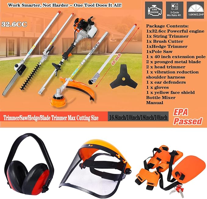 52cc 2-Cycle Gas Multi-Trimmer | 10-in-1 String Trimmer w/Rotatable 40” Pole Saw, Weed Eater Weed Wacker, Brush Cutter & Hedge Trimmer Gas for Lawn, Yard, Garden Care, All-in-one Garden Tool