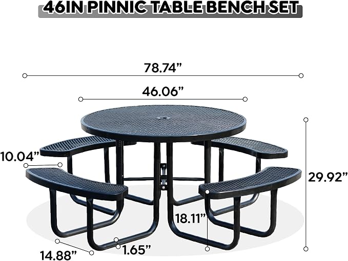 46" Round Picnic Tables for Outdoors,Commercial Metal Picnic Table Bench Set W/ Umbrella Hole,Restaurant School Canteen Tables W/Seats - Heavy Duty Sturdy Picnic Tables for Patio Garden Coffee Shop
