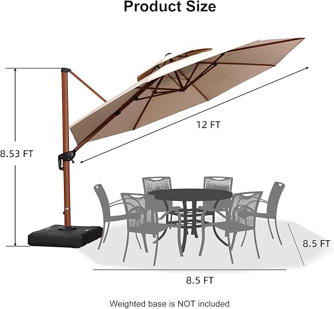 PURPLE LEAF 12ft Patio Umbrella Outdoor Round Large Cantilever Umbrella Windproof Offset Umbrellas Heavy Duty Sun Umbrellas for Garden Deck Pool Patio, Beige