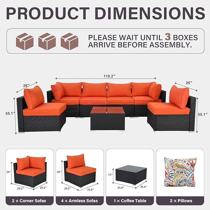 7-Piece Outdoor Patio Furniture Set – Handwoven All-Weather Rattan & 4” Thick Waterproof Cushions, Wicker Outdoor Conversation Sets with Coffee Table for Deck, Backyard, Garden, Black/Orange