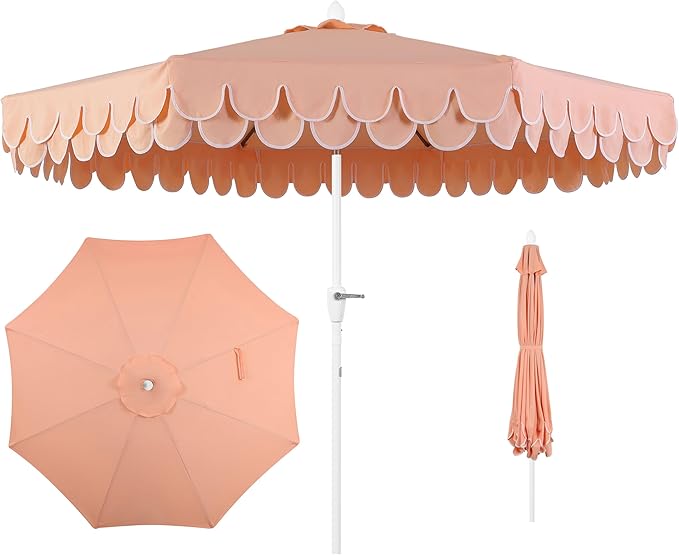 JONATHAN Y Tracy 9 ft. Outdoor Patio Umbrella with Scalloped Edge, Coastal Market Table Umbrella with Crank Lift and Tilt, 8 Sturdy Ribs UV Resistant for Pool, Coral Pink, White Pole UMB1002H