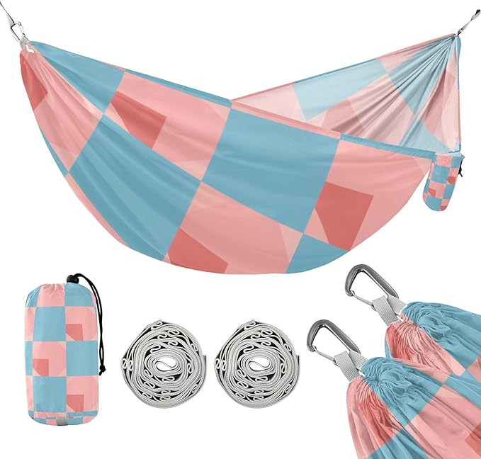 Light Blue and Blush Checkered Pattern 330lb Capacity Outdoor Hammock with Tree Straps Indoor Hammock for Outside Camping Essentials sillas para acampar