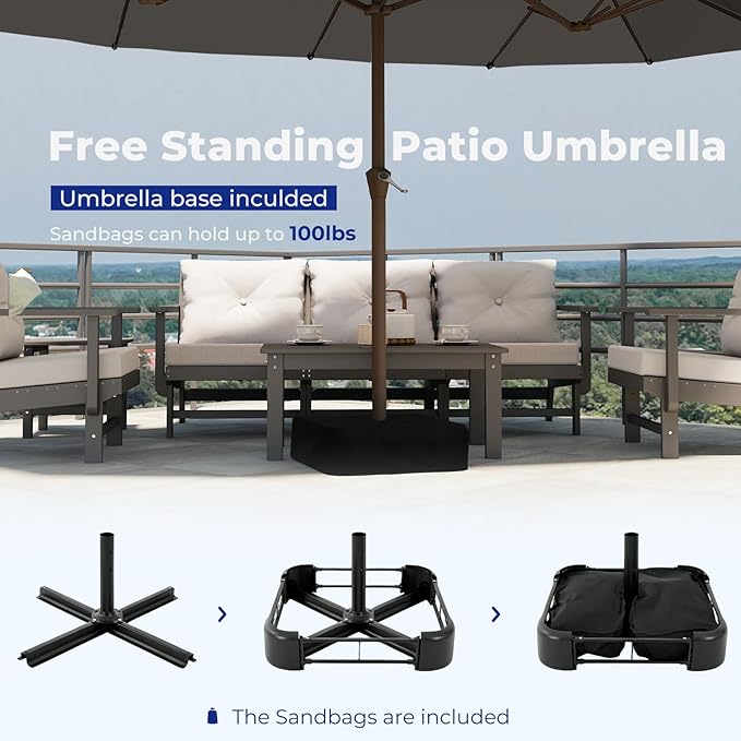 BRIOPAWS 15-FT-Large-Patio-Umbrella-with-Base | Double-Sided | Outdoor Table Umbrellas | w/Crank Handle | 12 Sturdy Fiberglass Rib | UV-Protection | for Garden Deck Backyard Pool | Charcoal Gray