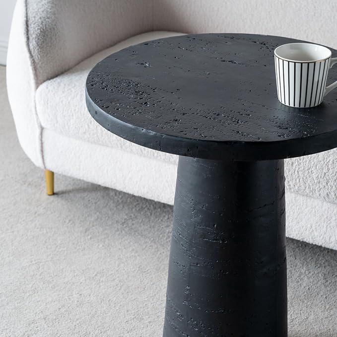 Faux Stone Side Table Round End Table Patio Small Drink Table for Small Spaces, Modern Circle Pedestal End Tables Nightstand for Living Room Bedroom Corners Office (Black)