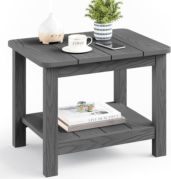 18" Outdoor Side Table, 2-Tier Patio Side Table, Weather Resistant, Easy Assembled, HIPS Adirondack Side Table for Backyard, Pool, Indoor (Gray)