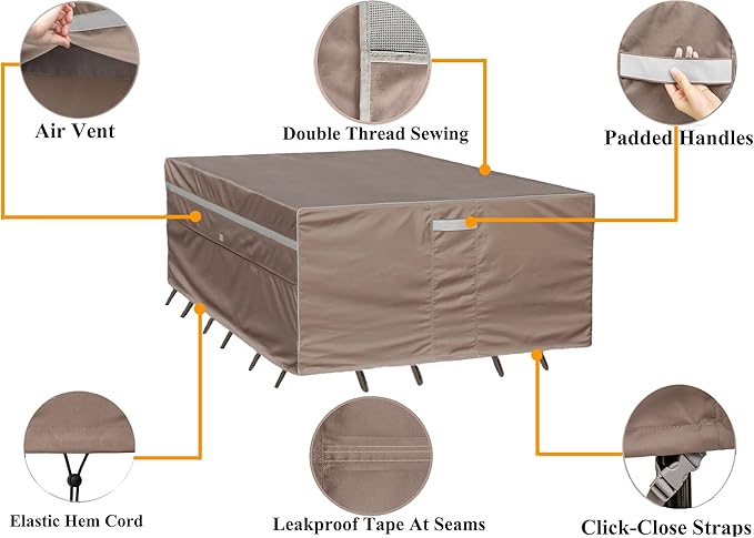 Heavy Duty Waterproof Patio Furniture Covers UV Resistant Rectangular Outdoor Table and Chair Covers 110" Wx 83" D x 28" H Brown