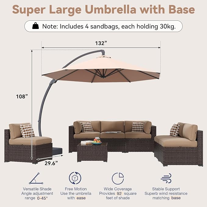 Aoxun Patio Furniture Set with Umbrella, 8 Piece Outdoor Sectional Sofas, Wicker Outdoor Furniture with Thickened Cushion for Backyard, Garden (Brown Rattan Beige Cushions)