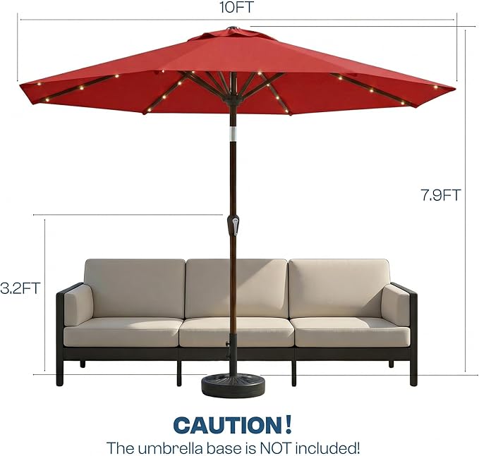 10FT Solar Patio Umbrella with Lights, Outdoor Table Market Umbrella with 32 LED Lights, 8 Sturdy Ribs, Push Button Tilt and Crank for Pool, Deck and Garden, UV-Resistant