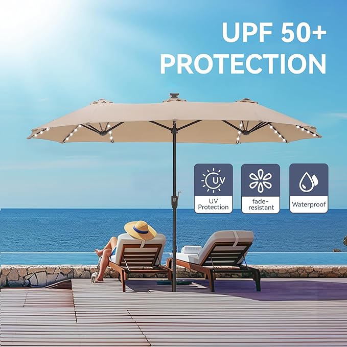 GREEN PARTY 13ft Outdoor Patio Umbrella with Solar Lights, 120 LED 12-Mode Large Double Sided Rectangular Table Umbrella, Heavy Duty Triple-Head Shade for Backyard Deck & Poolside, Beige (No Base)