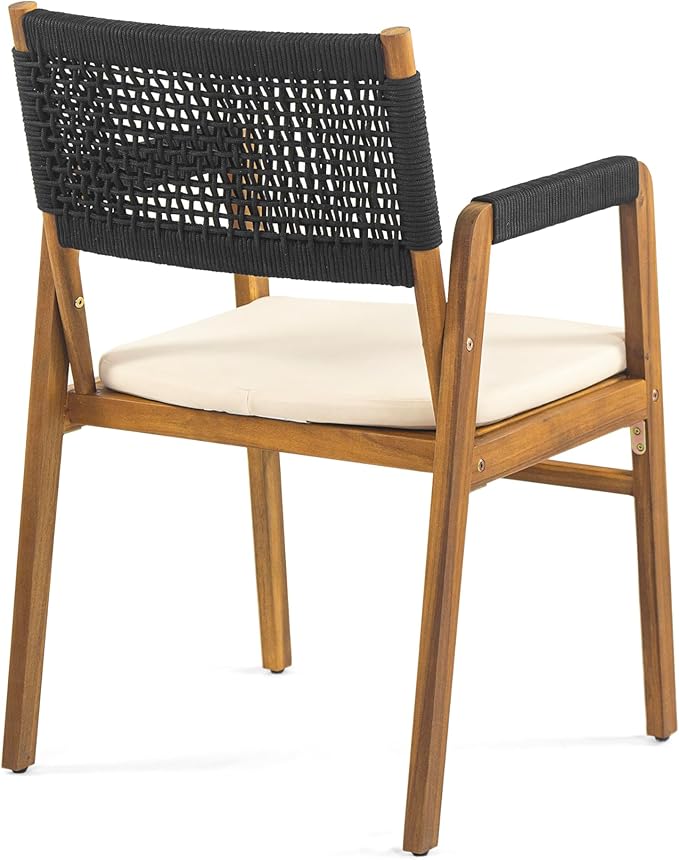Christopher Knight Home Terry Acacia Wood Patio Dining Set for 6, Solid Wood Outdoor Dining Table Set for 6, 7 Piece Outdoor Dining Set with Rectangular Table and Woven Rope Accents, Teak+Beige+Black