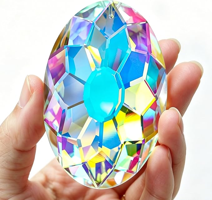 YU FENG 3.5 Inch Oval Crystal Prism Suncatcher, AB Rainbow Maker | AB Coating Faceted Glass Pendant, Colorful Light Catcher, Window Hanging Decor, Rainbow Reflections, Home Garden Ornament