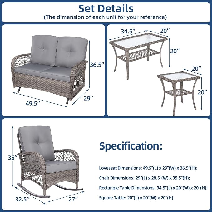 5-Piece Wicker Patio Furniture Sets Outdoor All-Weather Rattan Conversation Set Includes Glider Loveseat, 2 Glass-Top Coffee Tables, 2 Rocking Chairs for Porch Backyard, Gray