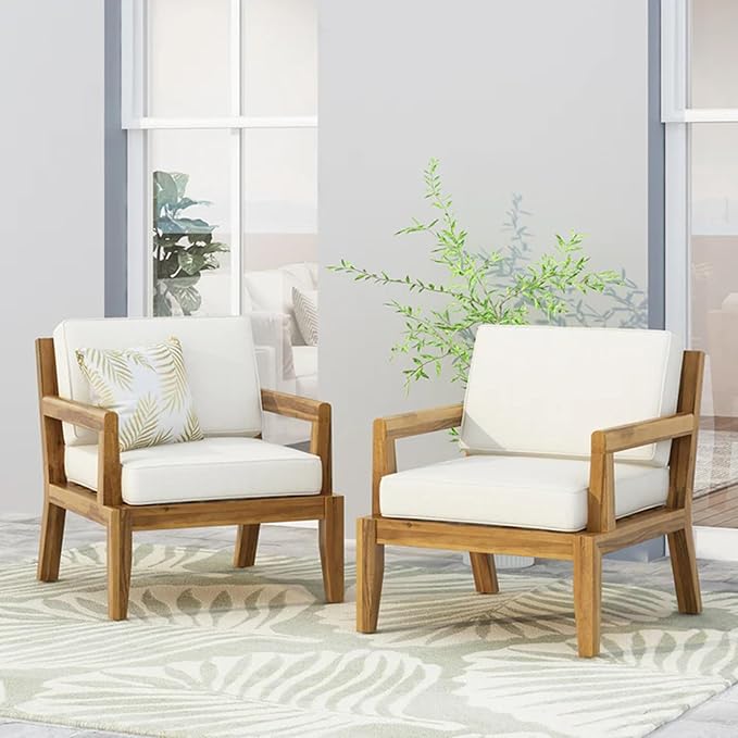 Merax Outdoor Patio Club Chairs,Set of 2,Acacia Wood Frame Conversation Set with Cushion for Porch Backyard,Classic Style