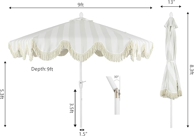 Eyely BMU1001 Halden 9 ft. Classic Cottage Tassel Market Patio Umbrella with Auto-Tilt, Crank