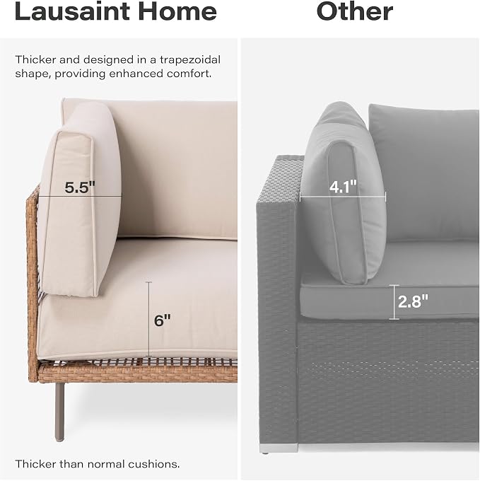 LAUSAINT HOME 5-Piece Outdoor Patio Furniture Set, Wicker Outdoor Conversation Set PE Rattan Sectional Sofa with Washable Cushions and Tempered Glass Table for Garden (Beige)