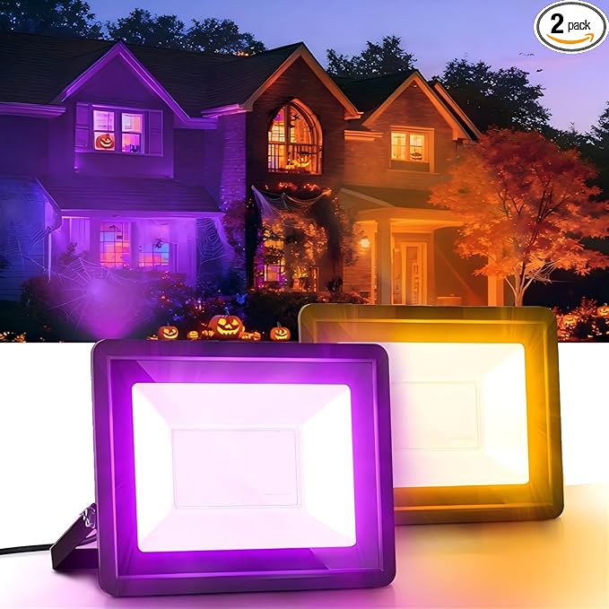 L LOHAS LED Orange and Purple Christmas Halloween Flood Light Outdoor, 2 Pack 𝑨𝒖𝒕𝒐 𝑶𝑵/𝑶𝑭𝑭 50W Plug in Flood Light, IP66 Waterproof, 2300lm Outdoor Flood Lights for Yard, Party, UL Listed