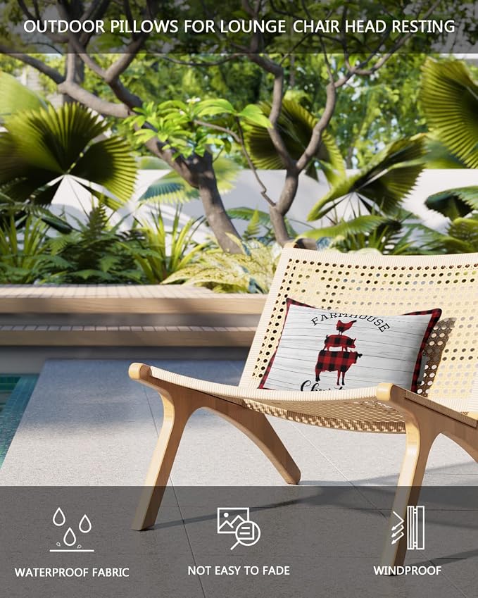 Outdoor Pillows Covers with Inserts Farmhouse Christmas Pig Cock Cow Buffalo Plaid Waterproof Pillow with Adjustable Strap Throw Pillows for Patio Furniture Recliner Lounge Chair, 11x16 inch, 1PCS