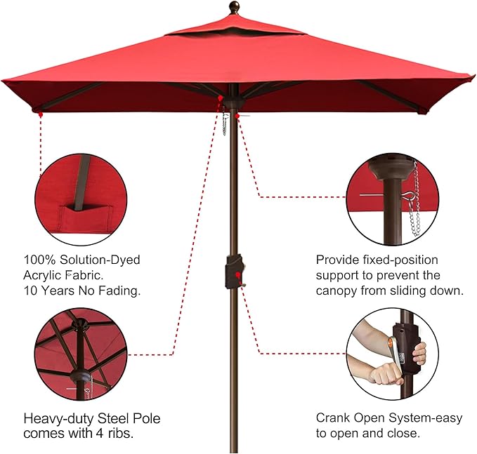 EliteShade USA 10-Year-Non-Fading 6x6Ft Square Market Patio Umbrella, UPF 50+ UV Protection Performance Sun Umbrella, Heavy Duty Commercial Grade Outdoor Table Umbrella with Crank, Windproof Vented Top for Garden, Pool, Deck and Outdoor Playsets, Logo Red