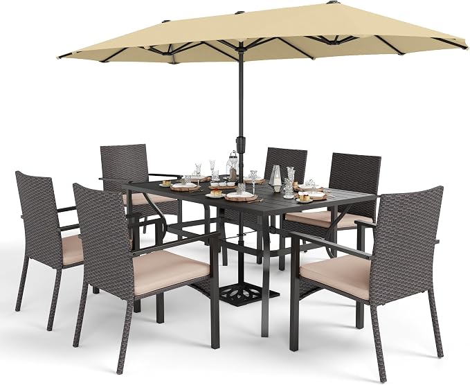 Sophia & William 7 Pieces Patio Dining Set with 13ft Beige Patio Umbrella, Outdoor Metal Table and Rattan Chairs Set for 6 People, Outdoor Dining Set with Cushions & 1.6" Adjustable Umbrella Hole