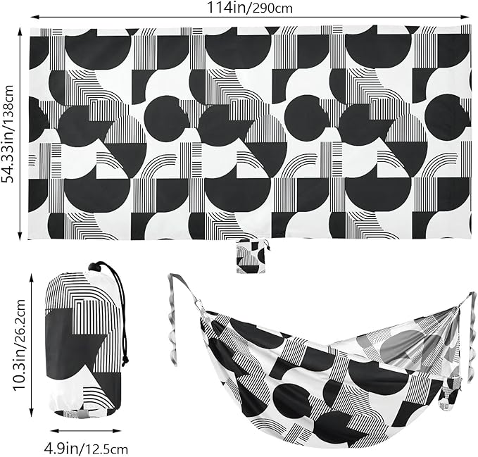 Camping Hammock Outdoor Hammocks for Outside Black White Line Beach Trees Portable Lightweight with Pockets Tree Straps Indoor