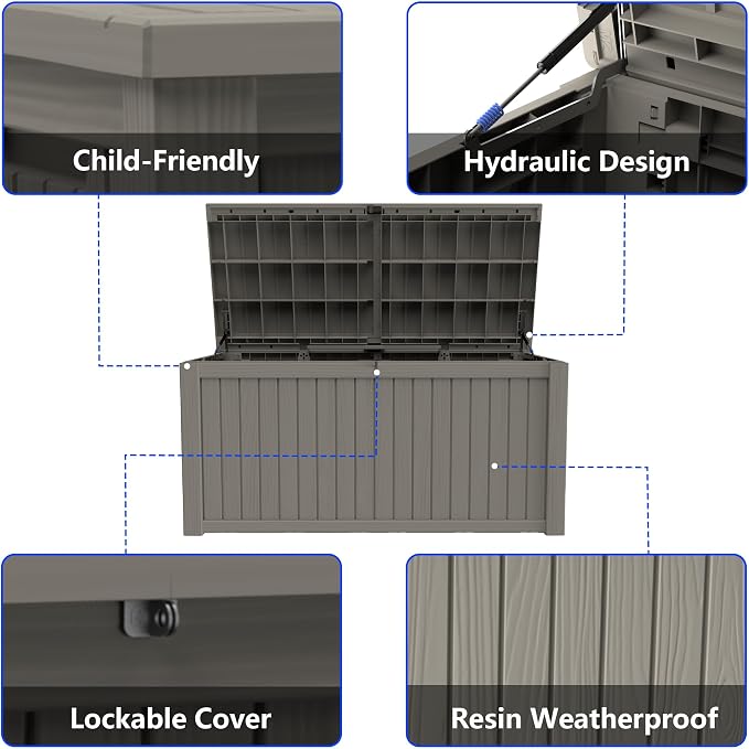 200 Gallon Outdoor Storage Box Resin Deck Box All Weather Waterproof Large Lockable Storage Container Deck Box for Patio Furniture, Garden Tools, Lockable, Gray
