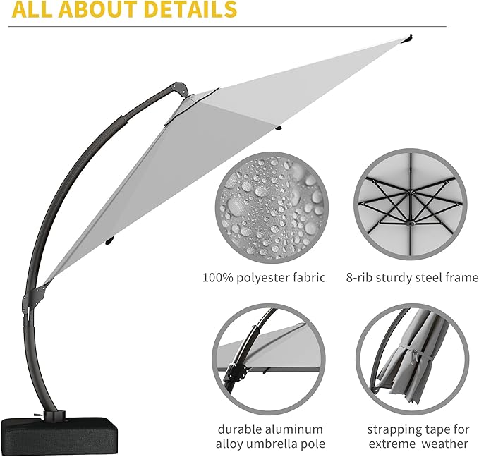 Kingdura 12ft Offset Cantilever Patio Umbrella with Base Included, Large Round Aluminum Outdoor Umbrella, 360° Rotation & Infinite Tilt, Heavy Duty Frame for Deck Pool Backyard, Light grey