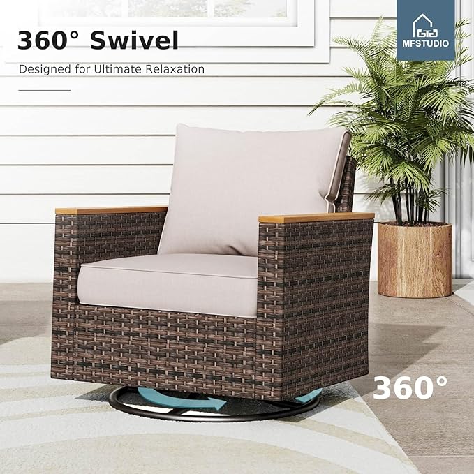 MFSTUDIO 9 Piece Wicker Patio Furniture Sets with Fire Pit Table, 4 x Swivel Chair, 2 x Ottoman, 2 x Corner Sofa, All-Weather PE Rattan Patio Conversation Set Outdoor Sectional Sofas(Beige Cushions)