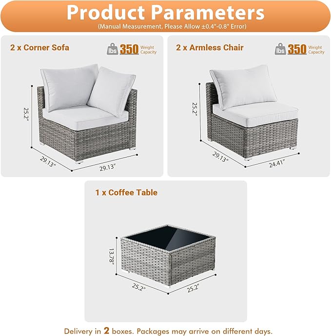 5 PCS Outdoor Patio Furniture Sets,Wicker Weather Resistant Patio Conversation Set with Comfy Cushions,Modular L Shaped Sofa with Coffee Table for Yard Backyard Porch Garden Poolside,Light Grey