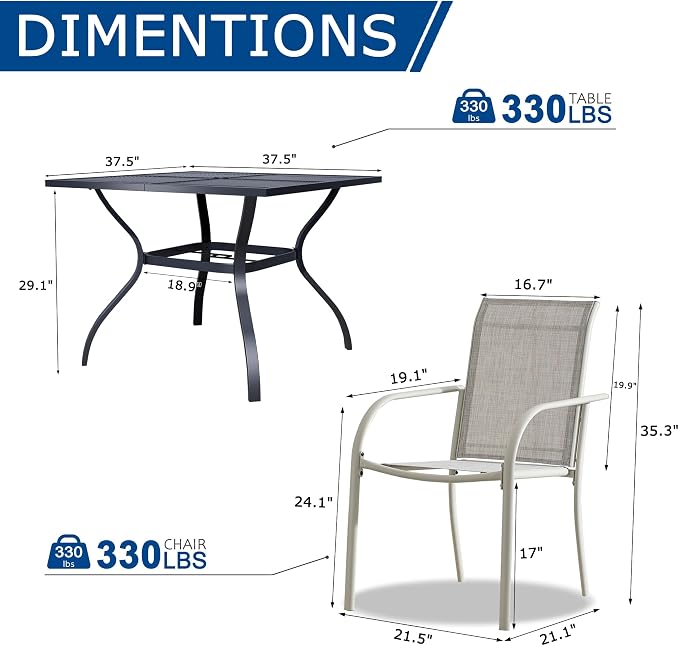 5 Piece Outdoor Dining Set, Patio Table and Chairs Set of 4, 37.5" Black Square Patio Table with 4 Grey Stackable Patio Chairs for Lawn, Garden, Porch