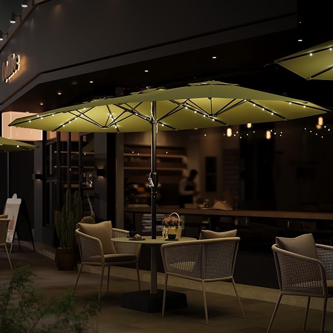 Garvee 15FTt Rectangular Patio Umbrella with Solar Lights & Base Included - Large Patio Umbrella with Crank Handle 48 LED Lights, UV Protection for Outdoor Market, Backyard, Deck, Poolside, Lime Green