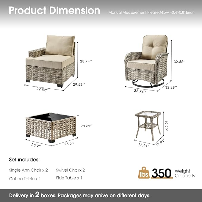 Rattan Patio Furniture Set with Swivel Chairs,6 Pieces Outdoor Sectional with Glowing Coffee Table,Out Door Furniture Conversation Set,Beige