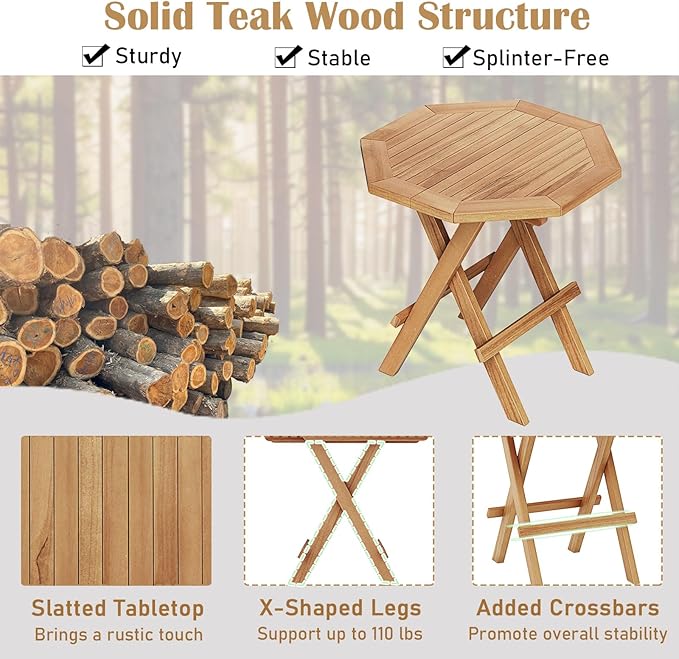 RELAX4LIFE Folding Outdoor Side Table - Teak Wood End Table, Octagonal Coffee Bistro Table w/Slatted Tabletop, Portable Picnic Camp Table for Poolside Porch Garden, Foldable Small Patio Table