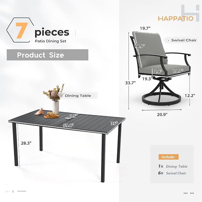 HAPPATIO 7-Piece Patio Dining Set, Outdoor Dining Set with Powder-Coated Metal,Dining Table with Umbrella Hole, 6 Swivel Chairs with Removable Cushions for Porch Poolside Garden,Grey